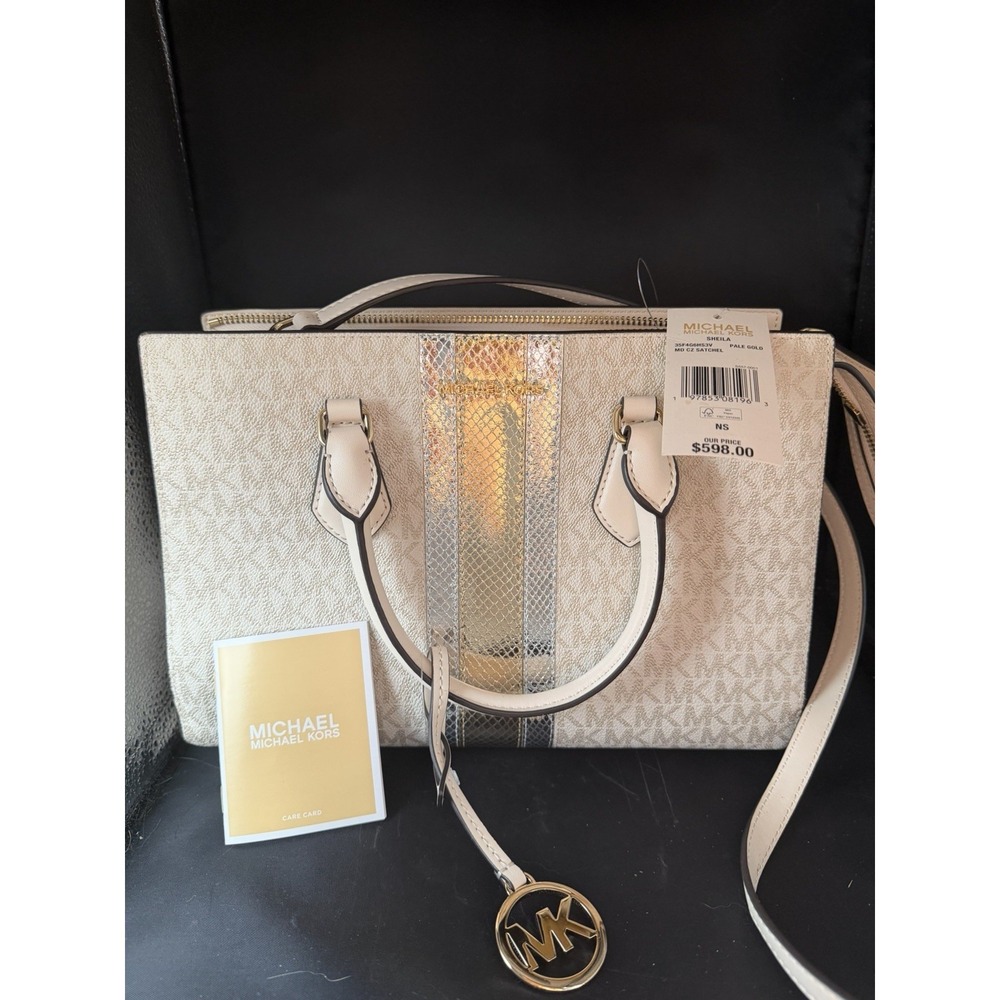 NWT Michael Kors Sheila Medium Signature Logo and Metallic Satchel Pale Gold